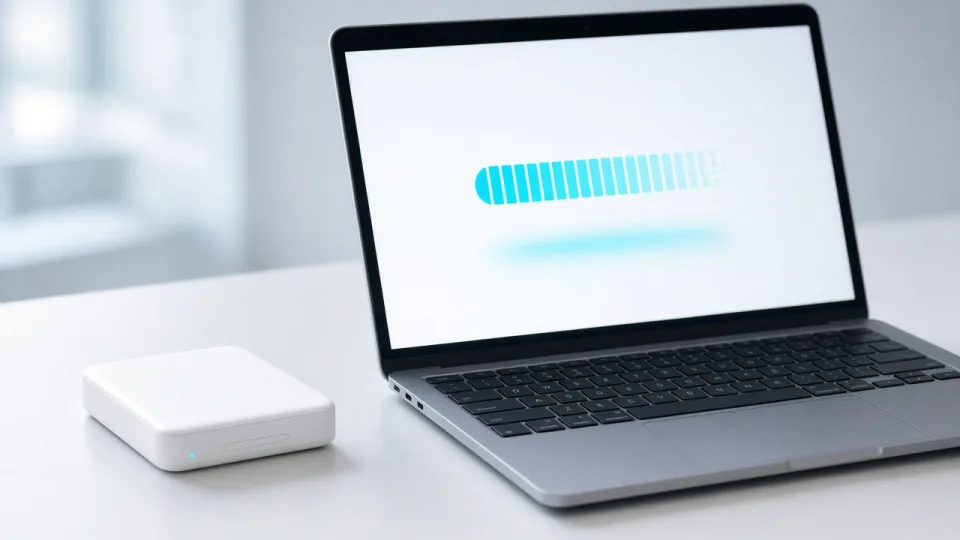 Backup drive beside a laptop restore screen