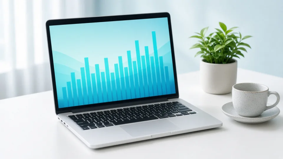 Laptop with an abstract cost chart on a pale desk