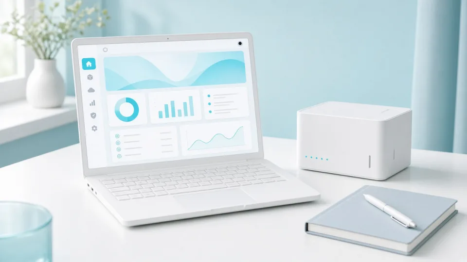 Laptop and hosting paperwork on a bright desk