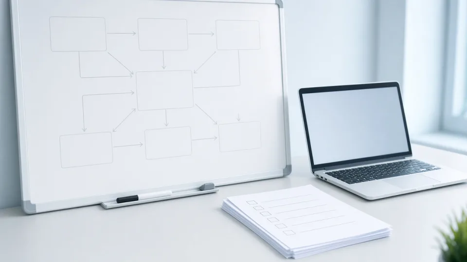 Whiteboard plan beside a laptop and checklist sheets