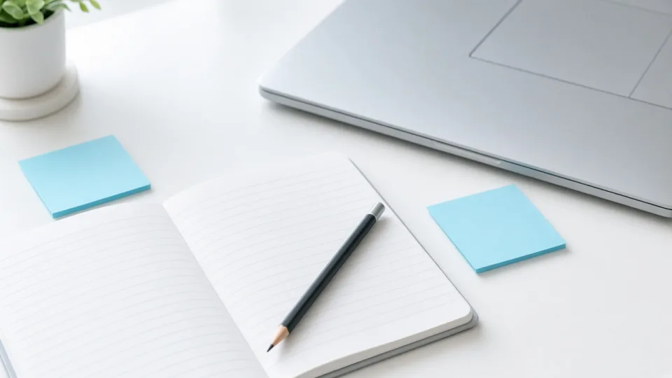 Practice notebook, sticky notes and a laptop on a desk