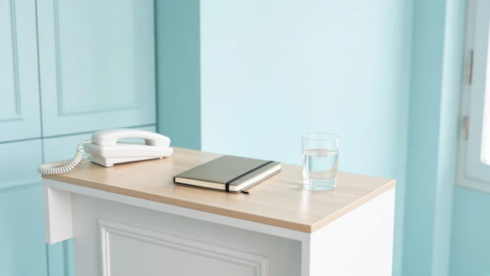 Reception desk with a phone and notebook
