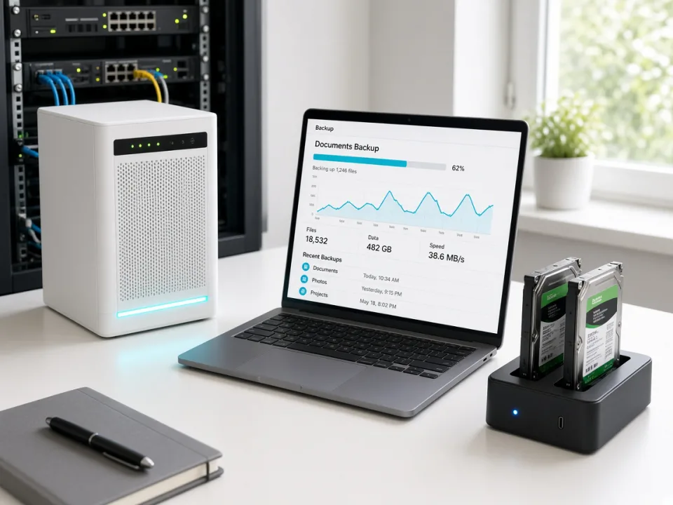 Backup appliance and a laptop showing backup status