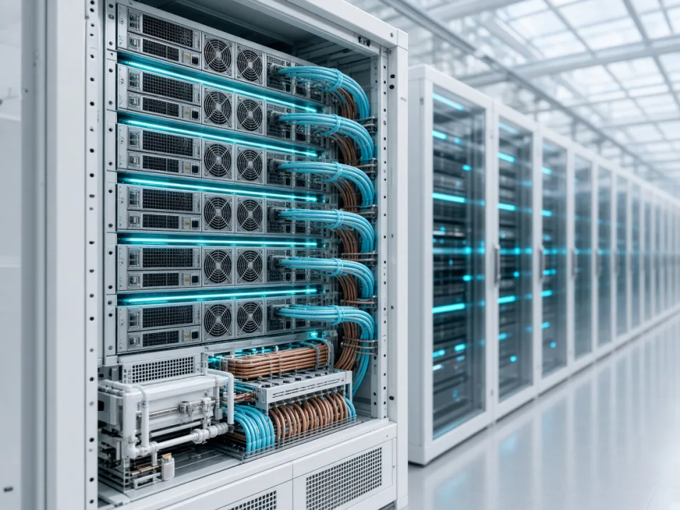 Open server rack with cyan cables and cooling in a bright data hall