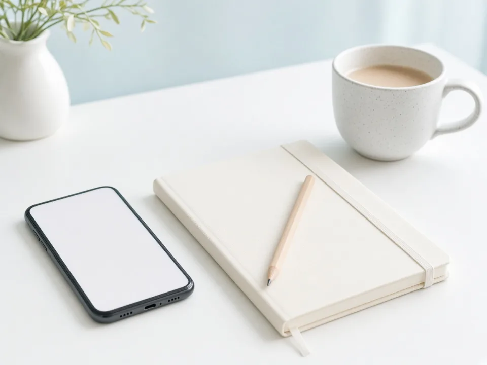 Phone and notebook on a bright conversation desk