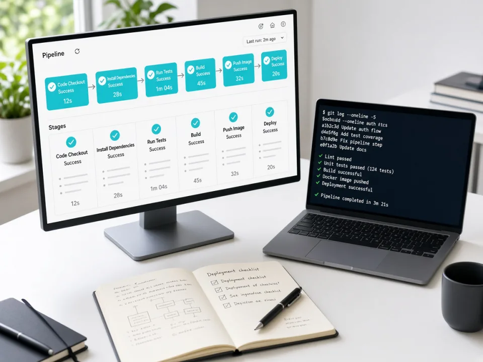 Desk with a CI/CD pipeline on a monitor and a laptop terminal
