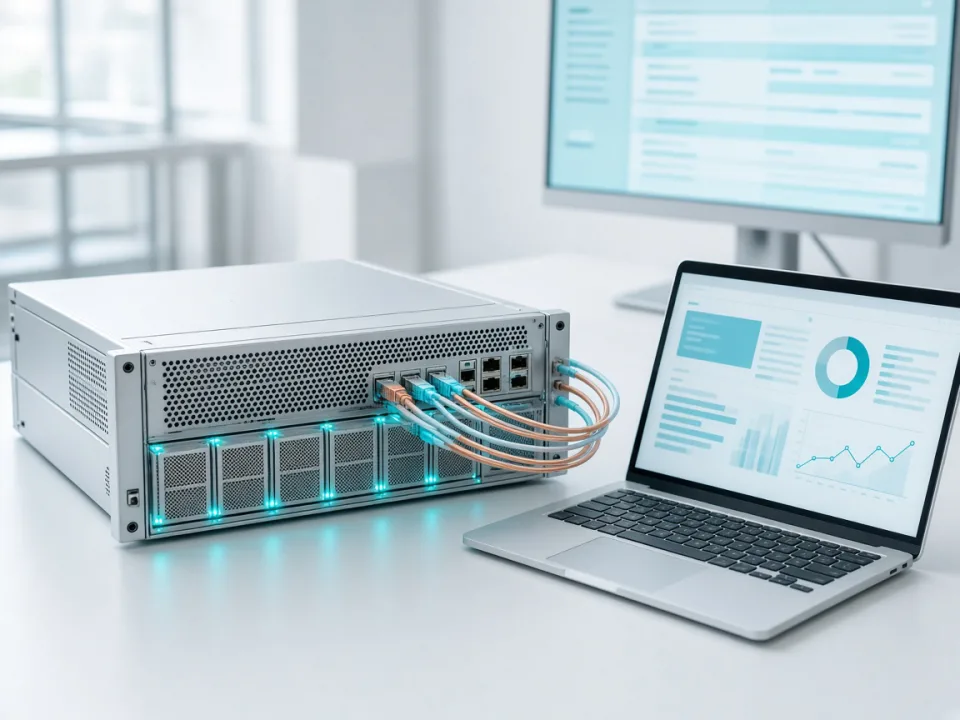 Hosting server with cyan cables beside a laptop on a pale desk