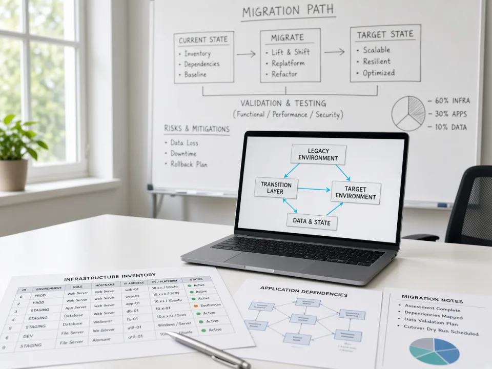 Planning table with inventory sheets and a migration diagram on a laptop