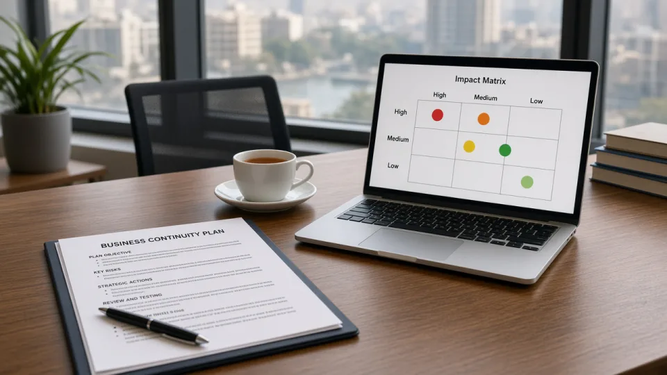 Meeting table with a continuity plan and an impact matrix
