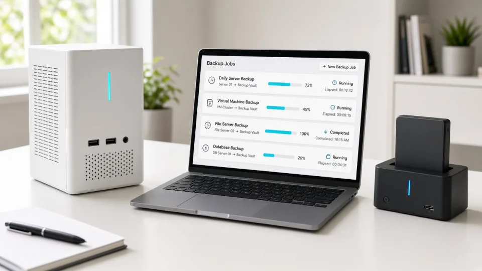 Backup appliance and a laptop showing backup job cards