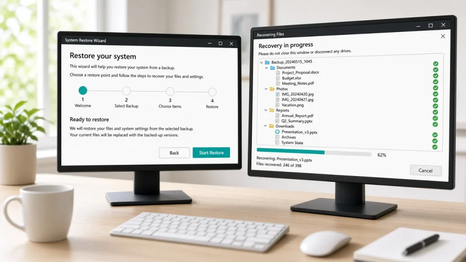 Two screens showing a restore wizard and a recovered file tree