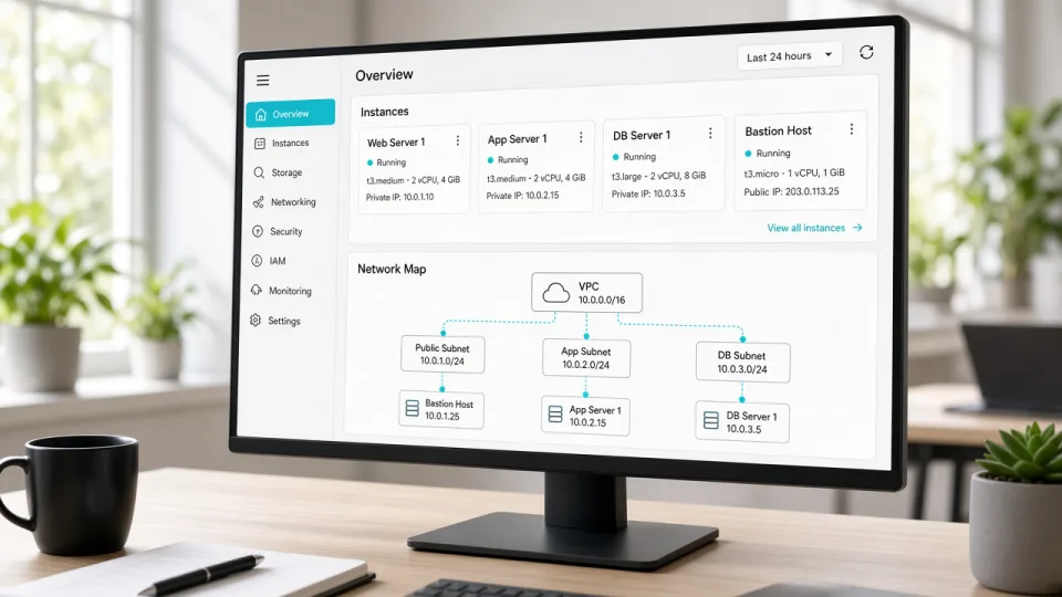 Monitor showing a cloud infrastructure console with instance cards