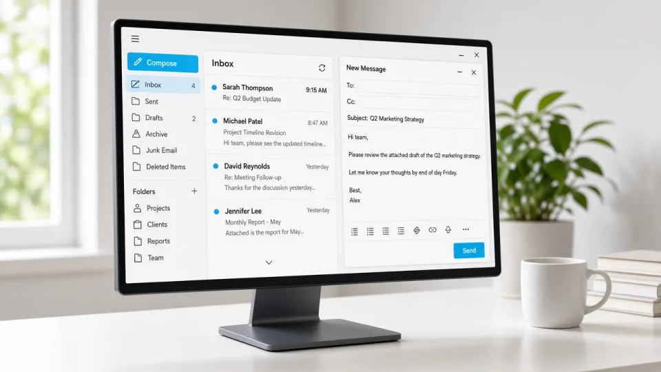 Monitor showing a business email inbox and compose window