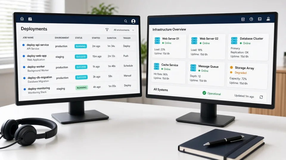 Two screens showing deployment jobs and server status