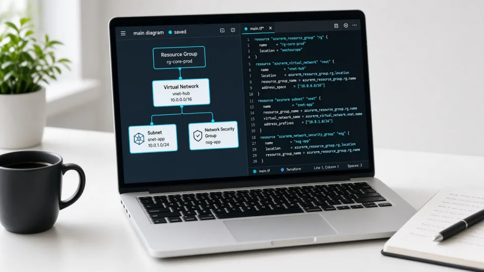 Laptop showing a resource diagram beside configuration code