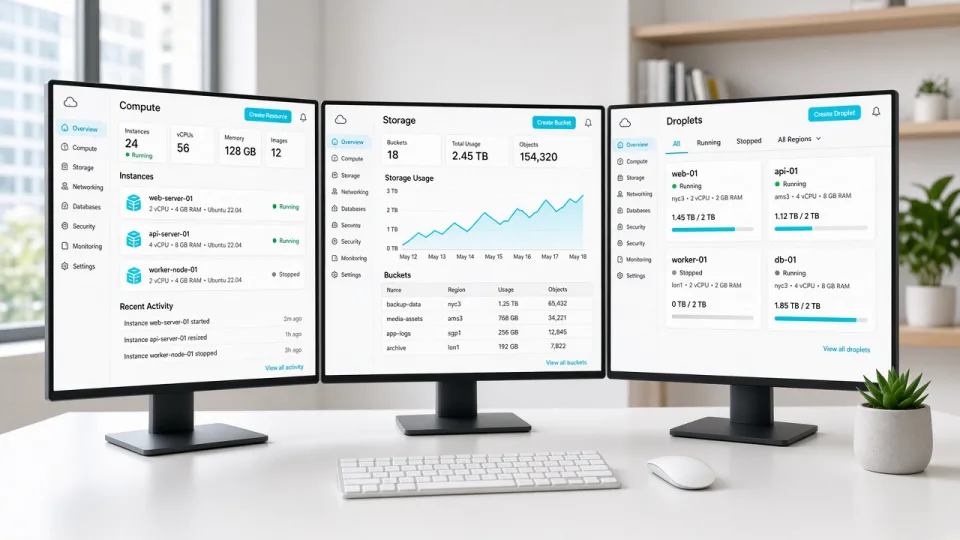Three monitors showing generic cloud consoles for compute and storage