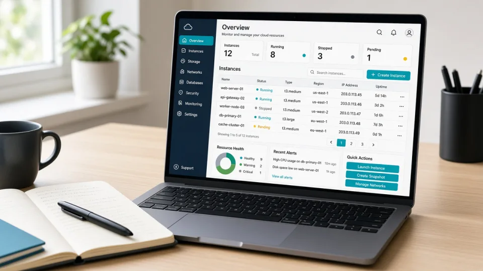 Laptop showing a cloud environment dashboard and instance list