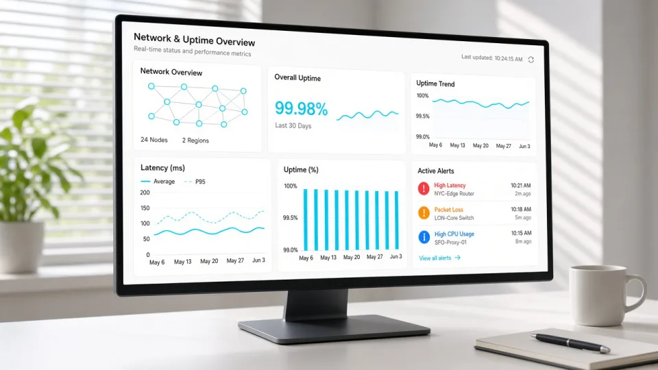 Monitor showing uptime graphs and a short alert list