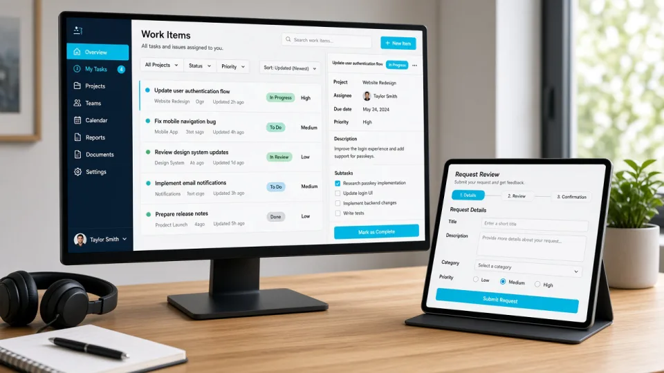 Monitor and tablet showing a work-item application and a request form
