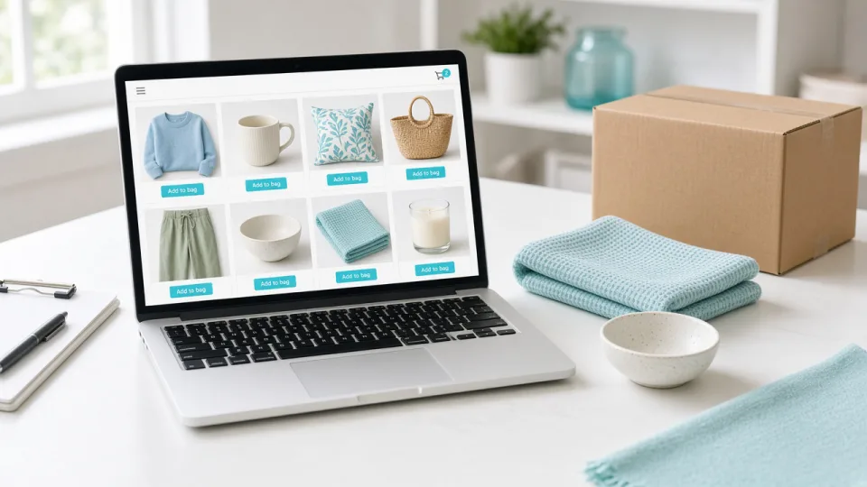 Laptop showing a product shop next to a shipping box and samples