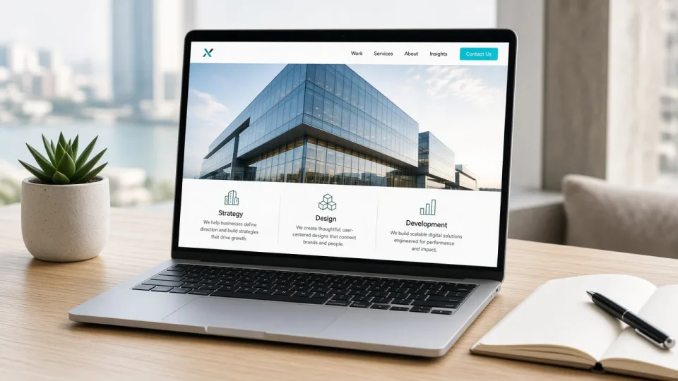 Laptop showing a company website with a building photograph and three service blocks